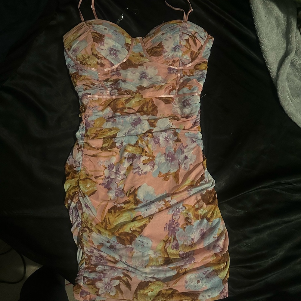 Privy Floral Ruched Mini Dress - Pink and Brown